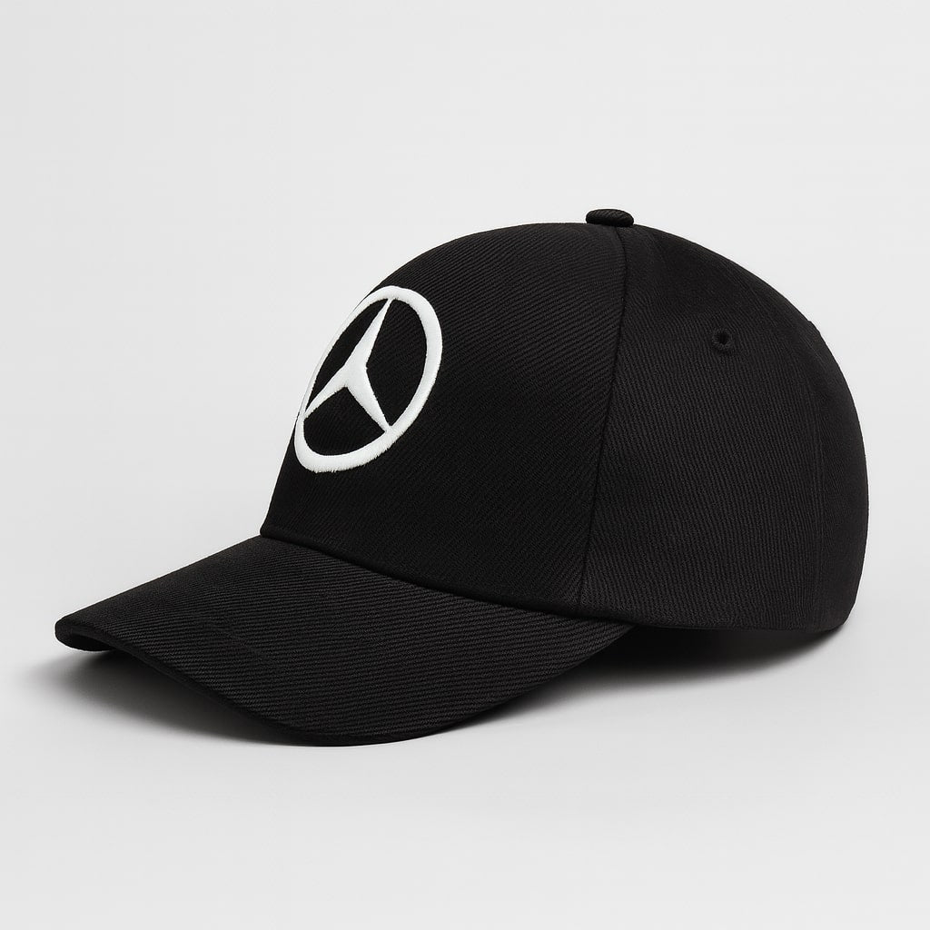 Black cap with a white logo on a light gray background