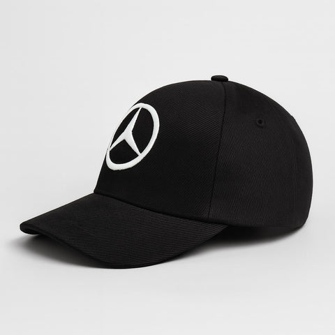 Black cap with a white logo on a light gray background