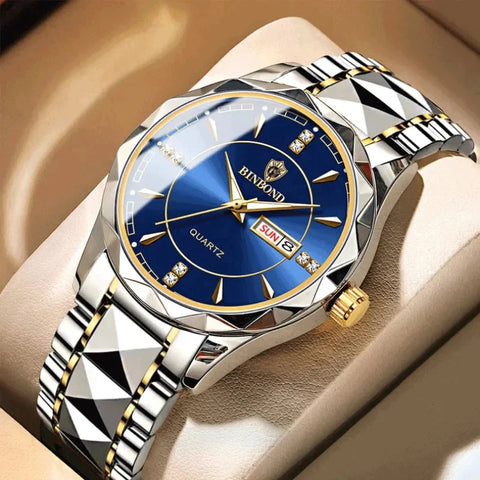 Luxury watch with blue dial and silver and gold band on a wrist best quality in ever in zaytra