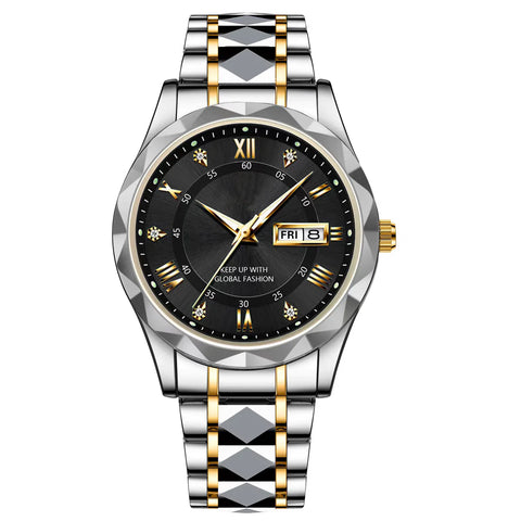 Luxury watch with black dial and gold accents with celender in zaytra