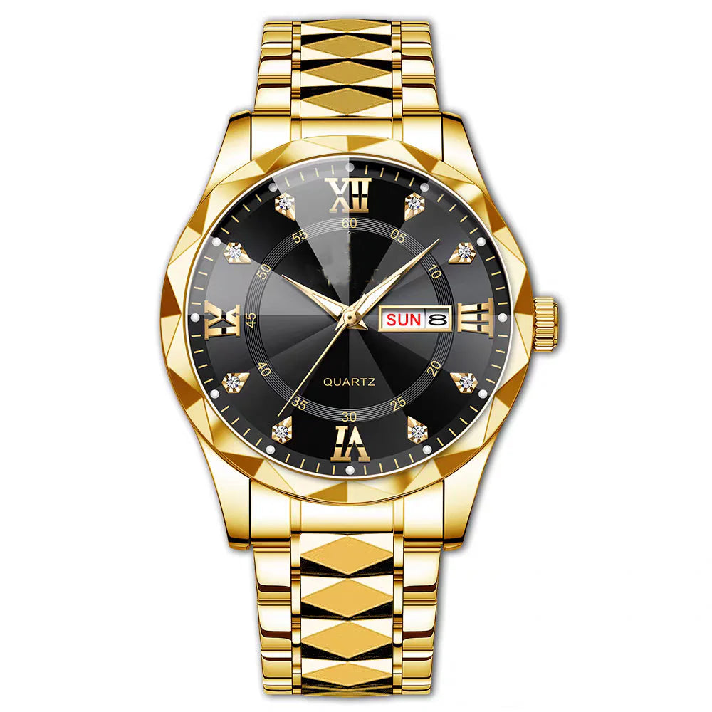 Gold wristwatch with a black dial on with big roman number and celender in zaytra